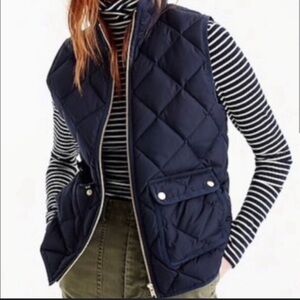 J. CREW Excursion Vest Down Filled Navy Blue White Stripe Gold Detail